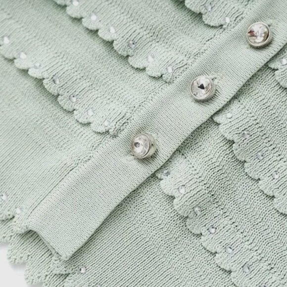 Women Ribbed Knit Two-Piece Set Round Neck Cardigan-Midi Skirt Mint Green Size M - Picture 9 of 17